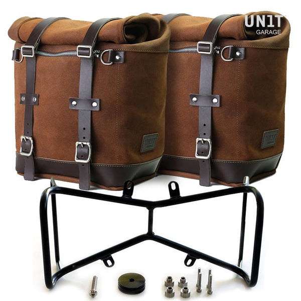 Alforjas de gamuza encerada Scram de la serie Unit Garage R9T y portaequipajes doble simétrico