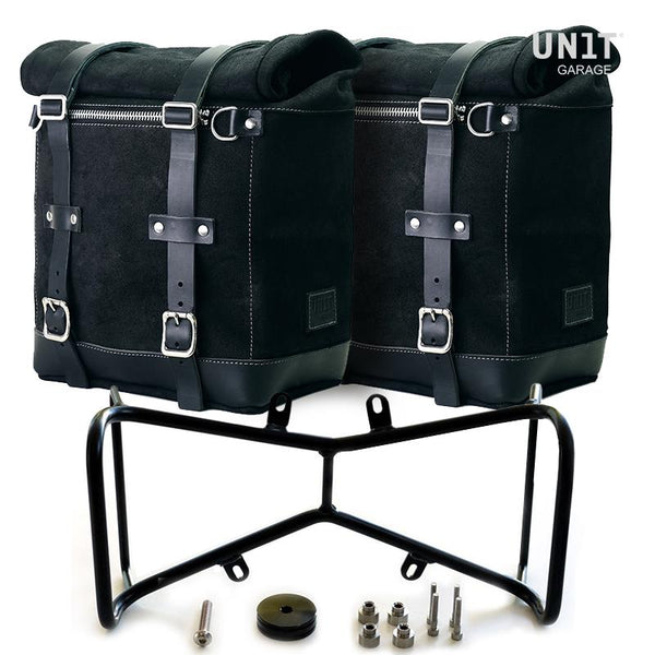 Alforjas de gamuza encerada Scram de la serie Unit Garage R9T y portaequipajes doble simétrico