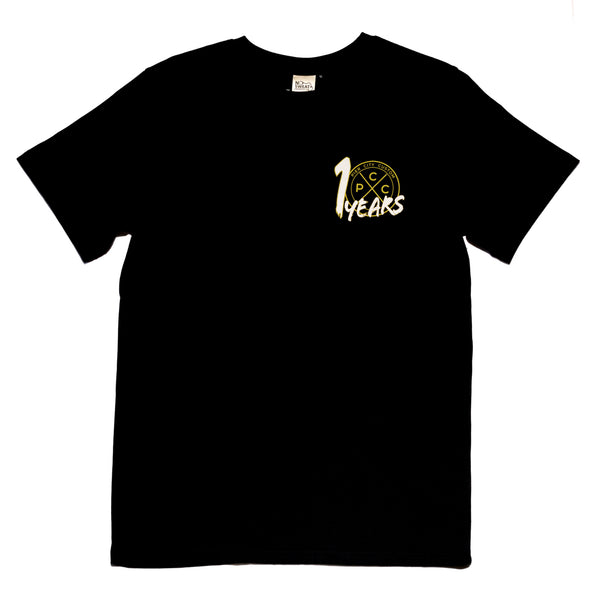 Camiseta del 10.º aniversario de Pier City Cycles - Negra y dorada