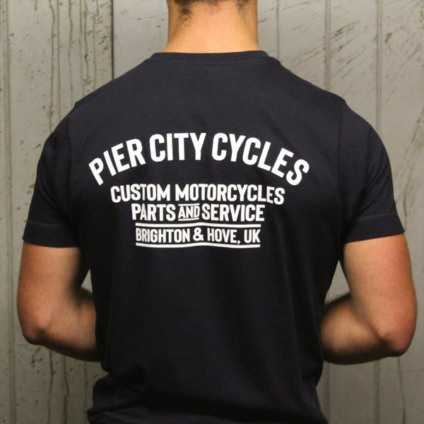 Pier City Cycles Original T Shirt - Navy/White