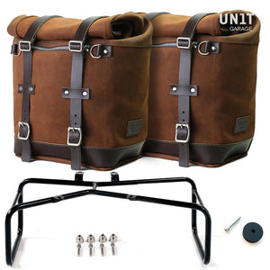 Alforjas de gamuza encerada Scram de la serie Unit Garage R9T y portaequipajes asimétrico doble