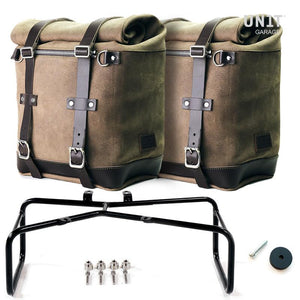 Alforjas de gamuza encerada Scram de la serie Unit Garage R9T y portaequipajes asimétrico doble